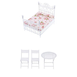 LuDa 1/12 Dollhouse Miniature Furniture Metal Table Set & European Bed White 4pcs