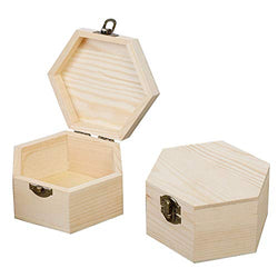 LONG TAO 2 Pcs 5.1''x5.1''x2.7'' Unfinished Wood Box Hexagon Wooden Treasure Boxes Wooden Storage Box Natural DIY Craft Stash Boxes with Hinged Lid and Front Clasp for Crafts Art Hobbies Home Storage