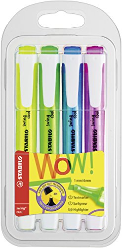 Stabilo Swing Cool 2-Line Widths Highlighters, 1mm and 4mm tip - 4-Color Wallet Set