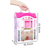 ONEST 82 Pieces Doll Holiday House Set for 11.5 Inch Girl Doll Includes Big Folding House, 15 Sets Handmade Doll Clothes, Trunk, Shoes, Necklaces, Bags, Hangers and Stickers