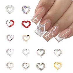 Heart Nail Art Charms 28PCS Gold Silver Heart Metal Nail Charms Luxurious Nail Supplies with Rhinestones Pearls Shiny Nail Accessories Jewelry for Women and Girls Nail DIY Design