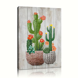 B BLINGBLING Cactus Canvas Wall Art Poster Boho Botanical Pot Vibrant Color Green Plant Painting Artwork Succulent Print Flower Decor for Bedroom Bathroom Stretched Ready to Hang (12"x16"x1 Panel)