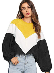 Romwe Women's Loose Colorblock Sweatshirt Lantern Sleeve Round Neck Pullover Tops Yellow XL