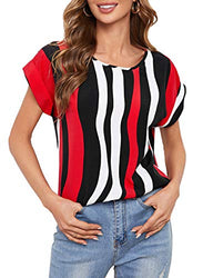 Romwe Women's Casual Colorblock Roll Up Batwing Short Sleeve Work Blouse Tops Red XL