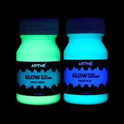 ARTME Glow in The Dark Paint, Glow Paint Set of Green and Blue Colors (60ml/2oz, each), Acrylic Glow in The Dark Paint Perfect for Art Painting, DIY projects, Halloween Decorations, Rich Pigments for Adults, Artists, and Students