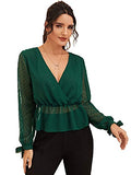 Romwe Women's Long Sleeve Deep V Neck Swiss Dot Ruffle Hem Knot Summer Blouse Top Green M