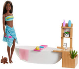 Barbie Fizzy Bath Doll and Playset, Brunette, with Tub, Fizzy Powder, Puppy and More, Gift for Kids 3 to 7 Years Old