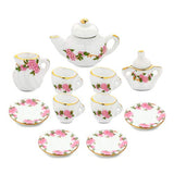 Dollhouse Accessories, 1/6 1/12 Miniature, 11pcs Dining Ware Porcelain Tea Cup Set with Golden Trim Floral Pattern Home Decoration Kitchen Chic Style Kit