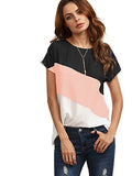 ROMWE Women's Color Block Blouse Short Sleeve