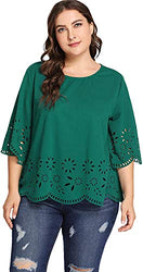 Romwe Women's Plus Size Hollow Out Scallop 3/4 Sleeve Blouse Top Green 3XL