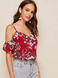 Romwe Women's Elegant Floral Print Cold Shoulder Ruffle Short Sleeve V-Neck Summer Blouse Top Red Medium