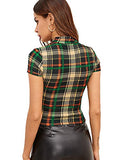 Romwe Women's Casual Mock Neck Plaid Slim Fit Workwear Blouse Top Green X-Small