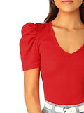 Romwe Women's Elegant Short Puff Sleeve Knit Summer V-Neck T-Shirt Tops Red Large