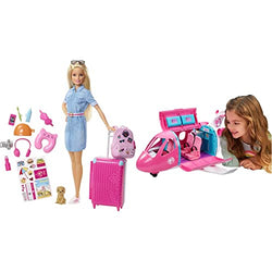Barbie Doll and Travel Set with Puppy, Luggage & 10+ Accessories, Multicolor & Barbie Dreamplane Airplane Toys Playset with 15+ Accessories Including Puppy, Snack Cart, Reclining