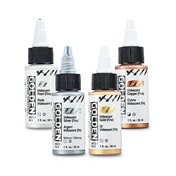 Golden Acrylics High Flow Acrylic Paint Set - 4 Iridescent Metallic Colors, Copper, Gold, Silver, Pearl - 1 Ounce Bottles - Metallic Acrylic Paint for Mixed Media, Calligraphy, Airbrush, and Brushes