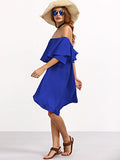 Romwe Women's Off The Shoulder Ruffle Casual Loose Shift Dress Blue M