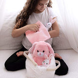 Bunny Toy for Girls 5 Pcs Set. Mommy, 2 Baby Rabbit Toys, XL Furry Bag and Baby Doll Blanket. Adorable Plush Gift Set 3 4 5 Year Old Girl, Stuffed Animal for Little Girls. Birthday, Christmas Age 2-8
