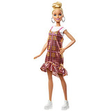 Barbie Fashionistas Doll with Blonde Updo Hair Wearing Pink & Golden Plaid Dress, White Sneakers & Earrings, Toy for Kids 3 to 8 Years Old