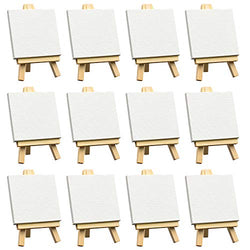 FIXSMITH 3x3 Inch Mini Stretched Canvas Easel Set- Bulk Pack of 12,Small Stretched White Blank Canvas Panels & Wood Easels for Painting Craft Drawing Decoration Gift Art Project DIY,Kids Art Supplies