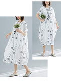 Mordenmiss Women's Linen Midi Dress Boho Floral Print Knee Length Casual Sun Dresses with Pockets White L