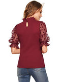 Romwe Women's Summer Short Sleeve Mock Neck Casual Blouse Tops Mesh Burgundy Large