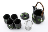 Japanese Asian Lucky Bamboo Design Tea Set Ceramic Teapot with Strainer, Rattan Handle and 4 Tea Cups