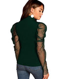 Romwe Women's Mesh Puff Sleeve High Neck Slim Fit Party Blouse Top Green Large