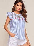 Romwe Women's Sleeveless Striped Floral Embroidery Ruffle Cotton Summer Boho Blouse Top Blue S