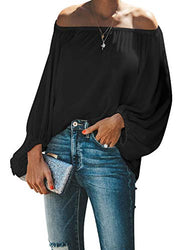 Paitluc Black Blouses for Women Lantern Sleeve Summer Fashion Off Shoulder Top Black Size M