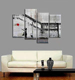 Pyradecor Banksy Grafitti Girl with Red Balloon Large 4 Panels Modern Stretched and Framed Giclee Canvas Prints Artwork Grey Love Pictures Paintings on Canvas Wall Art for Office Home Decorations L