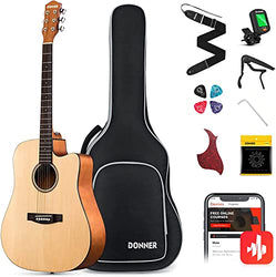 Donner Acoustic Guitar Beginner Adult Full Size 41 Inch Dreadnought Cutaway Acustica Guitarra Bundle Kit with Free Online Lesson Bag Tuner Capo Pickguard String Strap, Right Hand, DAD-140C