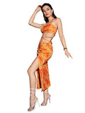 Romwe Women's 2 Piece Outfit Tie Dye Criss Cross Halter Crop Top and High Split Bodycon Skirts Set Orange S