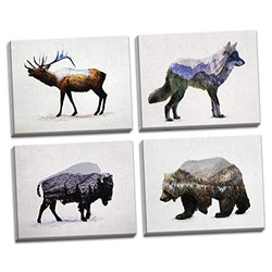 Rustic Double Exposure Elk, Bison, Wolf and Bear Landscape Set; Cabin Lodge Decor; Four 14x11in Stretched Canvases