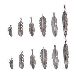 PandaHall Elite 1 Box of About 30pcs Nickel and Lead Free Tibetan Style 6 Kinds Feather Charm