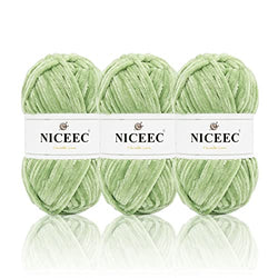 NICEEC 3 Skeins Soft Chenille Yarn Blanket Yarn Velvet Yarn for Knitting Fancy Yarn for Crochet Weaving DIY Craft Total Length 3×85m (3×93yds, 3×50g)_Mint Green