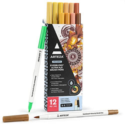 ARTEZA Dual Tip Brush Pens, 12 Earth Tones, Watercolor Calligraphy Markers, Nylon Brush and Fine Tip, Water-Based Ink, for Illustration, Lettering
