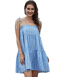 Romwe Women's Sleeveless Spaghetti Strap TieBaby Blue Layer Frill Knot Loose Summer Cami Dress Baby Blue M