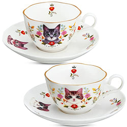 2 Sets 10 Oz Ceramic Teacup and Saucer Set Cat and Flower Coffee Mug with Handle White Floral Cat Tea Cup Cute Tea Party Gift Set for Espresso Coffee Tea Milk