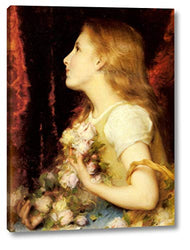 A Young Girl with a Basket of Flowers by Etienne Adolphe Piot - 14" x 18" Gallery Wrap Giclee Canvas Print - Ready to Hang