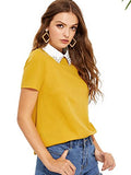 Romwe Women's Cute Contrast Collar Short Sleeve Casual Work Blouse Tops Yellow Large