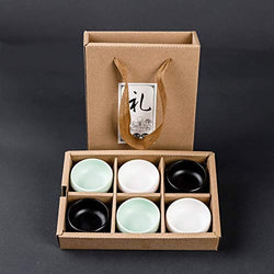 Yan Hou Tang 3 Colors Japanese Kungfu Ceremony Set of 6 Sake Tea Cups Ceramic Classic Drinkware Tiny Slim Small 45ml 1.6Oz with Black White Green Cyan Mix Style Traditional Handcrafted Gift