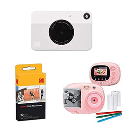 KODAK PRINTOMATIC Digital Instant Print Camera (Grey), with Extra Paper and Kids Instant Print Camera & Video Camcorder Bundle with Frames, Filters for Hours of Fun - Pink