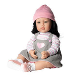 Adora Realistic Baby Doll Girl Power in Knit-Sleeved Shirt and Gray Over-All Dress with Pink Heart Embroidery