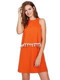 Romwe Womens Round Neck Tassel Trim Sleeveless Mini A-line Dress Orange XS