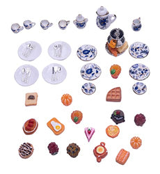 52 Pieces Miniature Dollhouse Furniture and Accessories Tea Sets Porcelain Dollhouse Kitchen Accessories Set 1 12 Scale (Tea Sets+Cutlery+Pastries+Fruits)