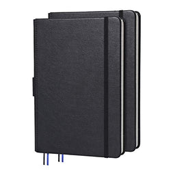 2 Pack Thick Hardcover Notebook/Journal with A5 120gsm Premium Paper, College Ruled Bound Notebook with Pen Holder, Black Leather, 3 Ribbon Marker, Inner Pocket, 8.4 x 5.7 in