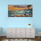 Ardemy Canvas Wall Art Beach Sunset Seawave Tropical Palm Tree Picture Prints, Blue Seascape Beach Large Size Ocean Painting Framed Panoramic for Living Room Bedroom Home Office Decor, 48"x24"