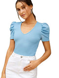 Romwe Women's Elegant Short Puff Sleeve Knit Summer V-Neck T-Shirt Tops Baby Blue Medium