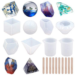 EuTengHao 18Pcs DIY Silicone Resin Casting Molds Tools Set Includes 6 Resin Casting Molds Large Clear Silicone Molds 2 Measurement Cup 10 Wood Sticks for DIY Home Decoration