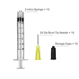 NOBU 15 Pack-3ml/cc Syringes Set, 20 Ga Blunt Tip Needle with Storage Caps, Luer Lock Plastic Glue Applicator, Industrial Grade Syringe, Great for Refilling and Measuring Oil Dispensing